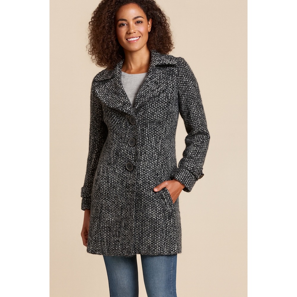 Cabi Women's Tweed Gray Long Three Button Pea Coat- Size XS